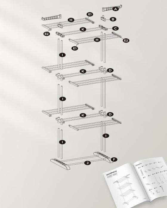 SONGMICS Uscator vertical pentru rufe, mobil si pliabil, cu doua umerase, 64x126x172 cm, sarcina 35kg [7]