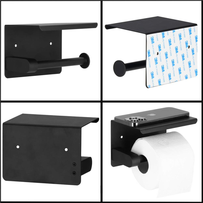 Suport hartie igienica din otel cu raft depozitare, prindere fara gaurire, 14cm, negru [14]