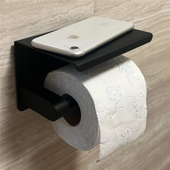 Suport hartie igienica din otel cu raft depozitare, prindere fara gaurire, 14cm, negru [8]