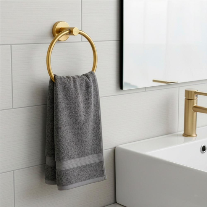 Suport metalic tip inel pentru prosop, inox cu finisaj lucios, diametru 17 cm, accesorii montaj incluse, auriu [10]