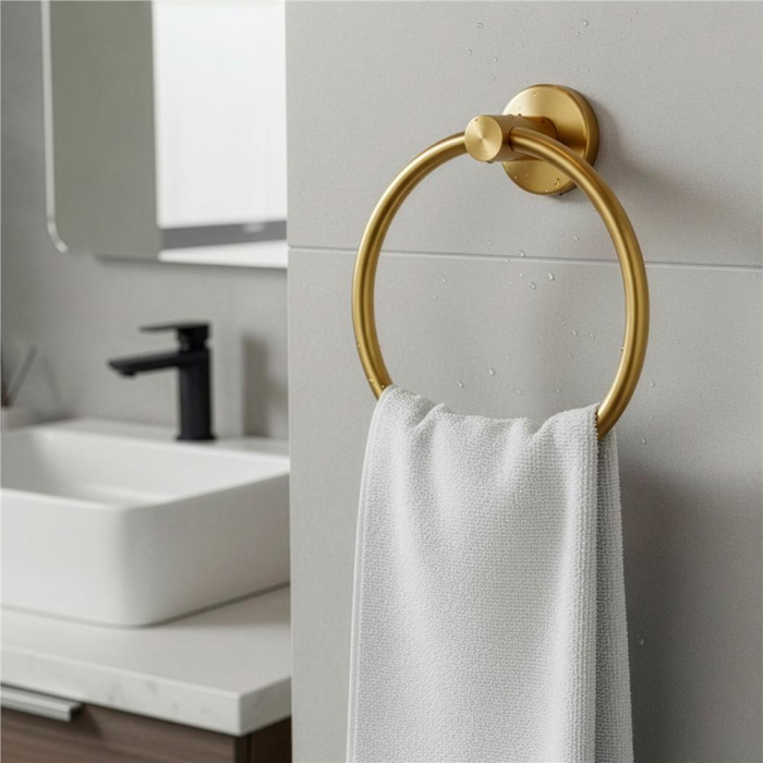 Suport metalic tip inel pentru prosop, inox cu finisaj lucios, diametru 17 cm, accesorii montaj incluse, auriu [9]