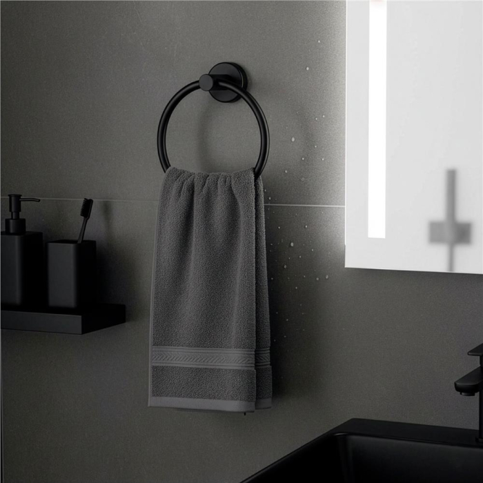 Suport metalic tip inel pentru prosop, inox cu finisaj mat, diametru 17 cm, accesorii montaj incluse, negru [9]