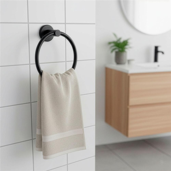 Suport metalic tip inel pentru prosop, inox cu finisaj mat, diametru 17 cm, accesorii montaj incluse, negru [8]
