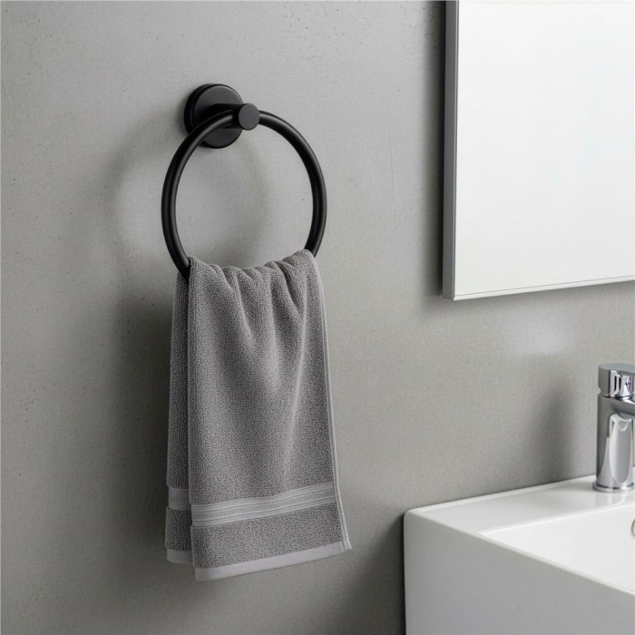 Suport metalic tip inel pentru prosop, inox cu finisaj mat, diametru 17 cm, accesorii montaj incluse, negru [10]