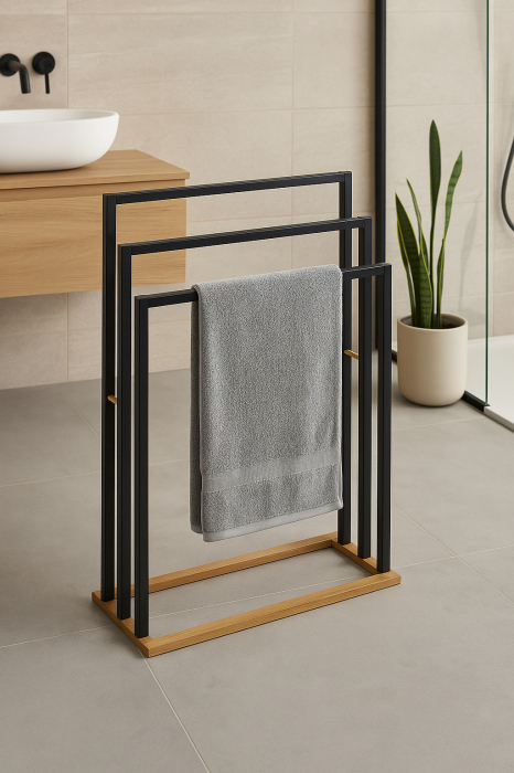 Suport prosoape 5Five Natureo cu 3 brate, 55x24x82 cm, MDF si bambus, negru [4]