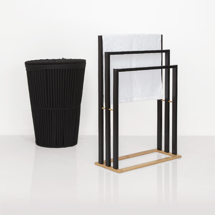 Suport prosoape 5Five Natureo cu 3 brate, 55x24x82 cm, MDF si bambus, negru [3]