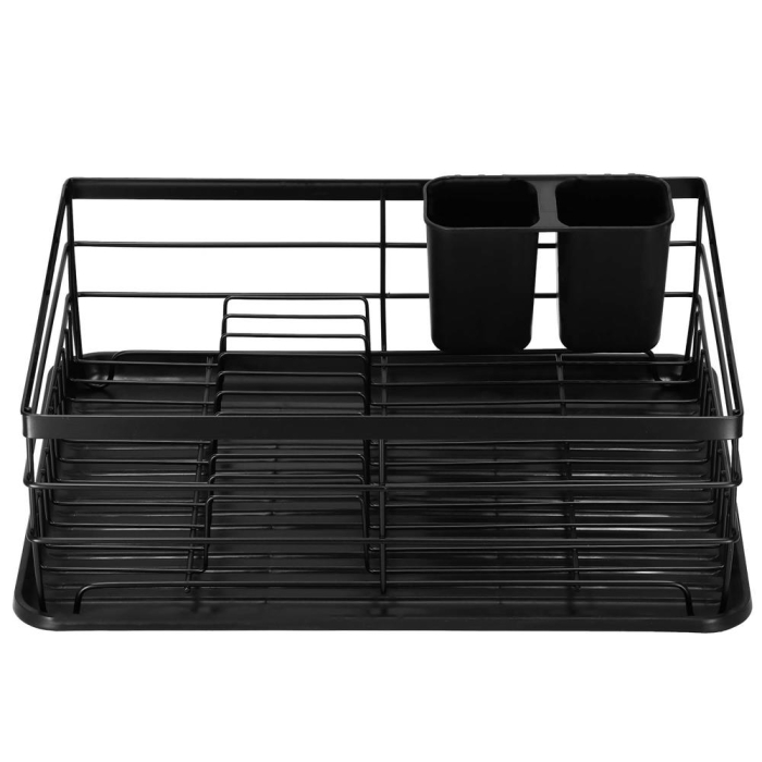 Uscator de vase cu suport tacamuri, din otel, cu tava de scurgere, 42x32x15cm, negru [22]