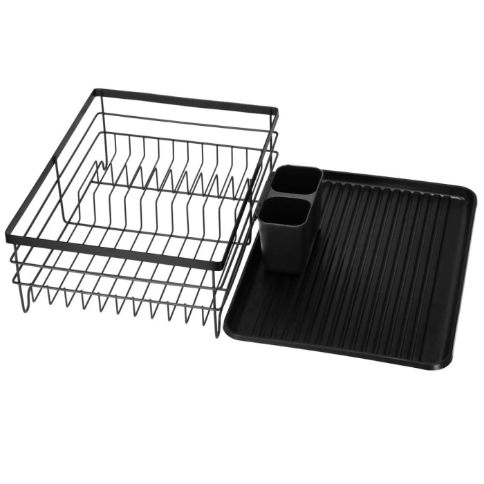 Uscator de vase cu suport tacamuri, din otel, cu tava de scurgere, 42x32x15cm, negru [17]
