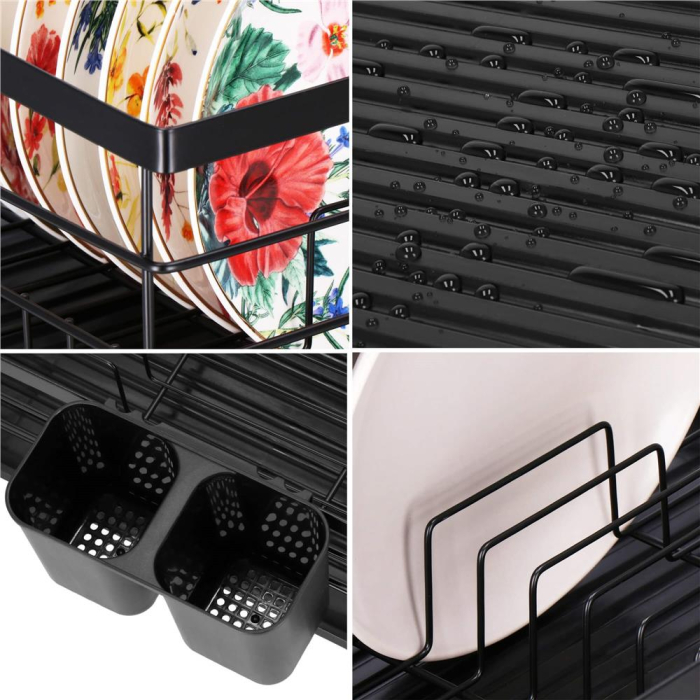 Uscator de vase cu suport tacamuri, din otel, cu tava de scurgere, 42x32x15cm, negru [24]