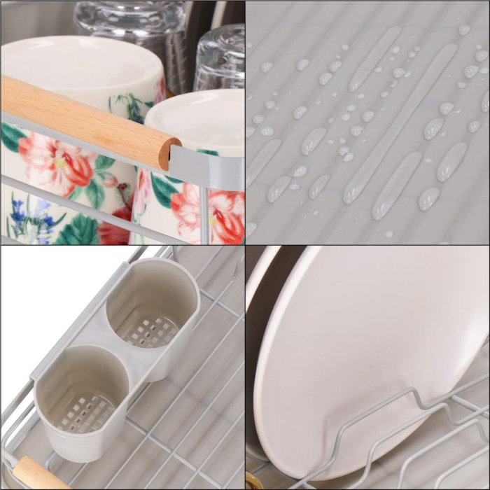 Uscator de vase cu suport tacamuri, din otel, cu tava de scurgere, manere lemn, 42x32x15cm, gri [13]