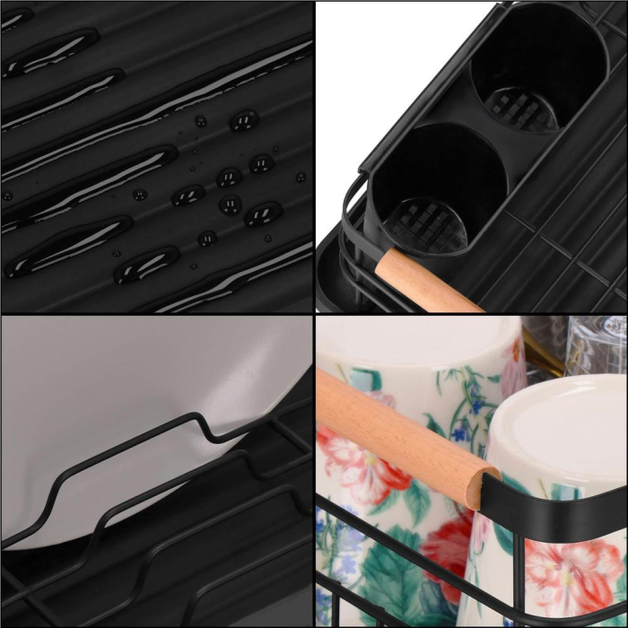 Uscator de vase cu suport tacamuri, din otel, cu tava de scurgere, manere lemn, 42x32x15cm, negru [26]