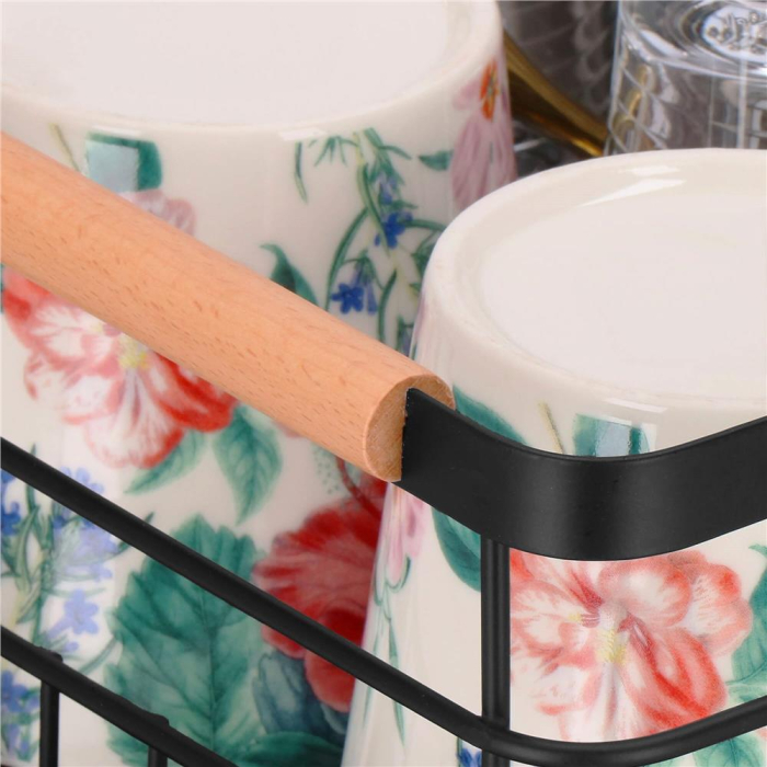 Uscator de vase cu suport tacamuri, din otel, cu tava de scurgere, manere lemn, 42x32x15cm, negru [23]