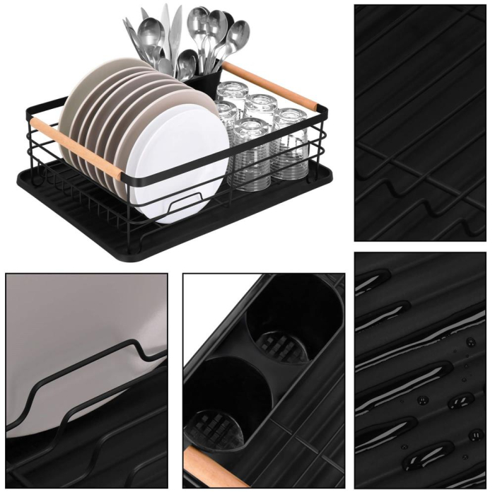 Uscator de vase cu suport tacamuri, din otel, cu tava de scurgere, manere lemn, 42x32x15cm, negru [27]