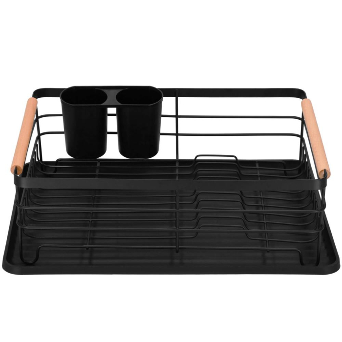 Uscator de vase cu suport tacamuri, din otel, cu tava de scurgere, manere lemn, 42x32x15cm, negru [25]
