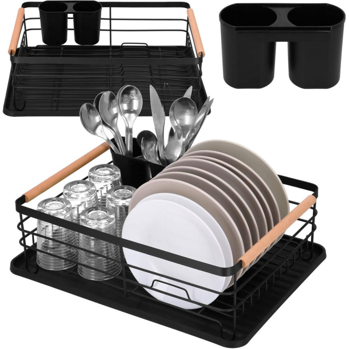 Uscator de vase cu suport tacamuri, din otel, cu tava de scurgere, manere lemn, 42x32x15cm, negru [12]