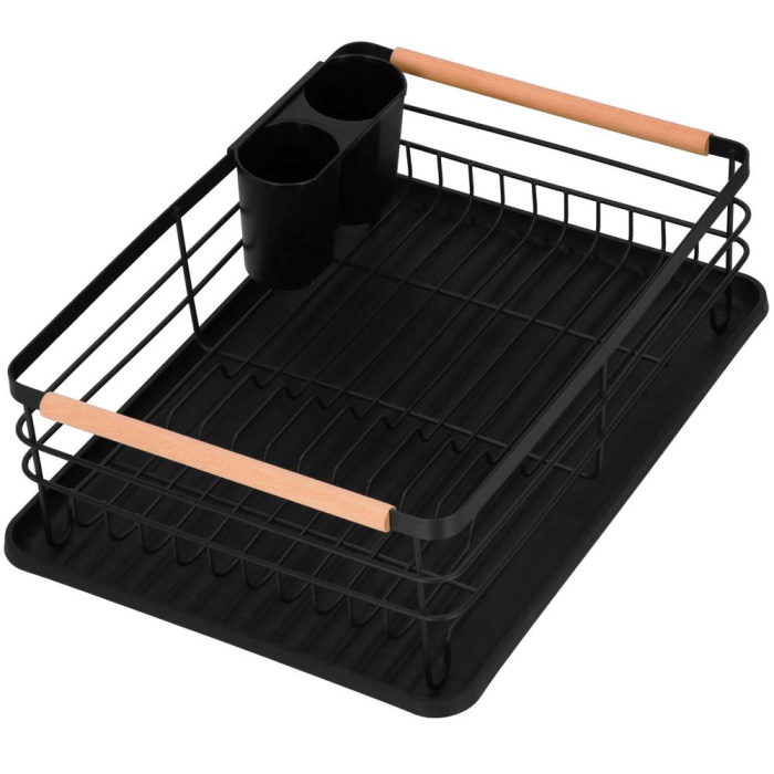 Uscator de vase cu suport tacamuri, din otel, cu tava de scurgere, manere lemn, 42x32x15cm, negru [4]