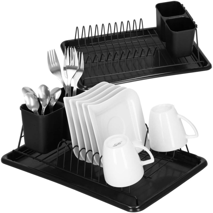 Uscator de vase metalic cu tava detasabila si suport tacamuri, 38x24x13 cm, negru [4]