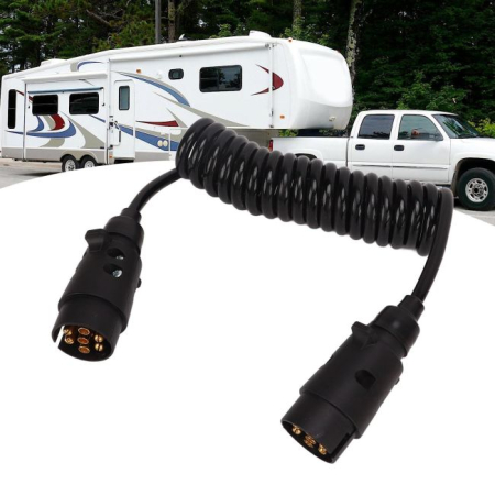 Auto & Iluminat - Cablu electric spiralat pentru remorca sau rulota cu 2 mufe Tata/Tata cu 7 pini, lungime 2.5m, culoare Neagra