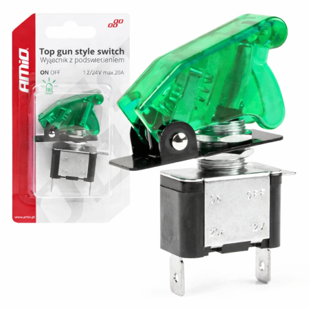 Accesorii auto - Comutator iluminat (intrerupator) cu protectie, destinatie auto, moto, ATV, SSV, Off-Road, model "TOP GUN", tensiune 12V - 24V, culoare Verde