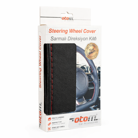 Accesorii auto - Husa volan OTOM din Piele Ecologica "Ne-Perforata" pentru autoturisme, diametru volan 37 - 39 cm, cu ac si ata Rosie