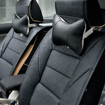 Accesorii auto - Set 2 perne pentru tetiere auto, marca AMIO, pentru sustinere gat din piele ecologica, culoare NEGRU