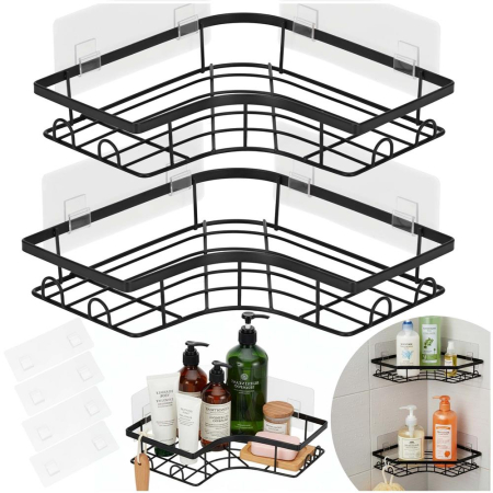 Set 2 polite de colt pentru dus, metalice cu montaj autoadeziv, inox, negru [3]