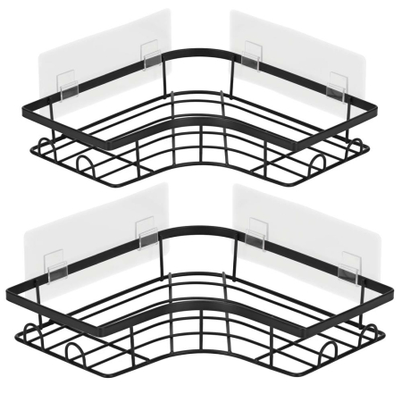 Casă - Set 2 polite de colt pentru dus, metalice cu montaj autoadeziv, inox, negru