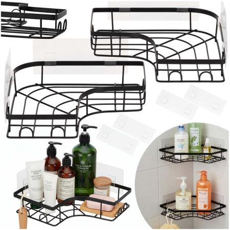 Set 2 polite de colt pentru dus, metalice cu montaj autoadeziv, inox, negru [2]