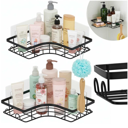 Set 2 polite de colt pentru dus, metalice cu montaj autoadeziv, inox, negru [4]