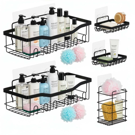 Set 5 polite metalice pentru dus cu montaj autoadeziv, inox, negru mat [1]