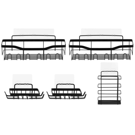Casă - Set 5 polite metalice pentru dus cu montaj autoadeziv, inox, negru mat