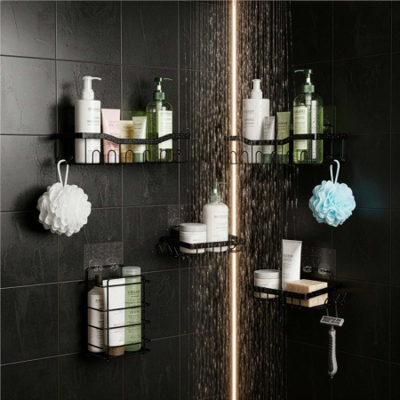 Set 5 polite metalice pentru dus cu montaj autoadeziv, inox, negru mat [12]