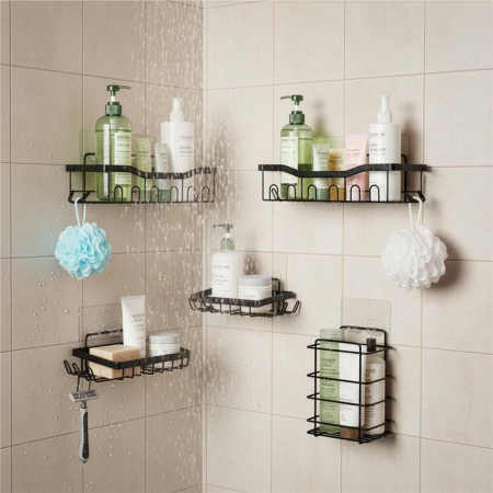 Set 5 polite metalice pentru dus cu montaj autoadeziv, inox, negru mat [14]