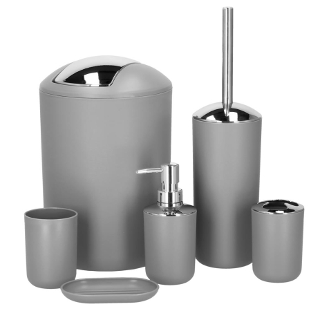 Casă - Set accesorii baie, 6 piese din plastic, cu perie WC si cos de gunoi, finisaj mat si lucios, gri argintiu
