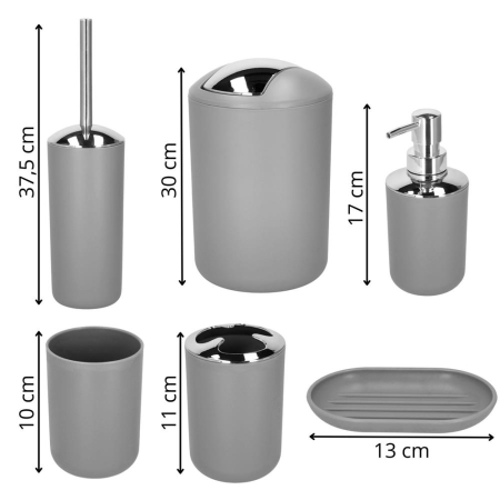 Set accesorii baie, 6 piese din plastic, cu perie WC si cos de gunoi, finisaj mat si lucios, gri argintiu [13]