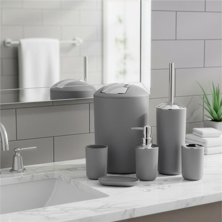 Set accesorii baie, 6 piese din plastic, cu perie WC si cos de gunoi, finisaj mat si lucios, gri argintiu [3]