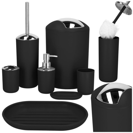 Casă - Set accesorii baie, 6 piese din plastic, cu perie WC si cos de gunoi, finisaj mat si lucios, negru argintiu