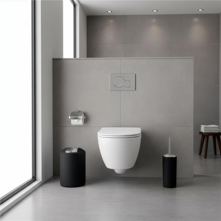 Set accesorii baie, 6 piese din plastic, cu perie WC si cos de gunoi, finisaj mat si lucios, negru argintiu [6]
