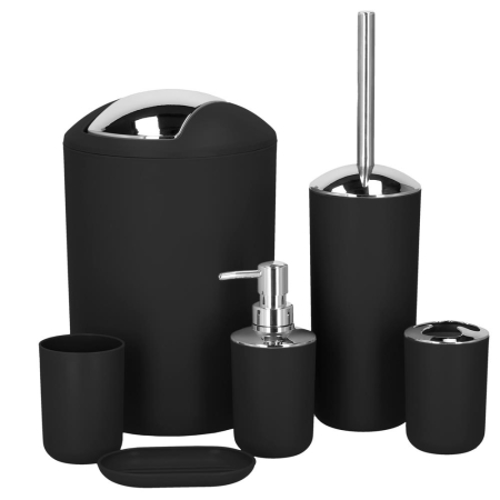 Set accesorii baie, 6 piese din plastic, cu perie WC si cos de gunoi, finisaj mat si lucios, negru argintiu [11]