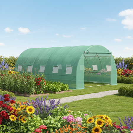 Accesorii Gradina - Solar de gradina, dimensiune 500x300x200cm, folie verde PE cu plasa 140g/mp UV, 1 usa, 10 ferestre, teava otel galvanizat de 19mm