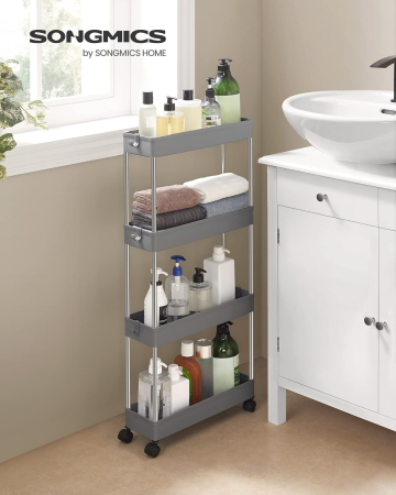 SONGMICS Carucior de depozitare pe roti, pentru bucatarie sau baie, din plastic, cu 4 nivele, 40x13x88cm, gri [1]