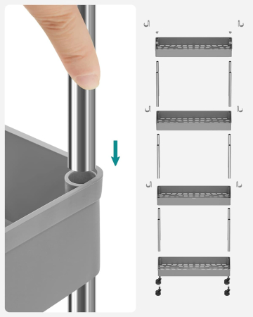 SONGMICS Carucior de depozitare pe roti, pentru bucatarie sau baie, din plastic, cu 4 nivele, 40x13x88cm, gri [5]