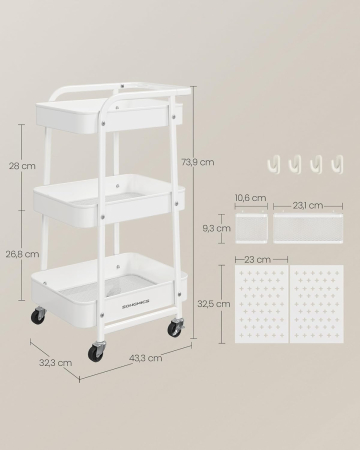 SONGMICS Raft de depozitare mobil tip carucior rulant, pentru baie sau bucatarie, cadru otel, 32x43x74 cm, alb [5]