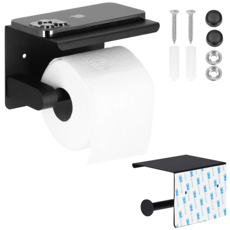 Suport hartie igienica din otel cu raft depozitare, prindere fara gaurire, 14cm, negru [4]