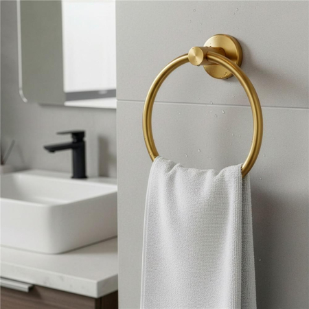 Suport metalic tip inel pentru prosop, inox cu finisaj lucios, diametru 17 cm, accesorii montaj incluse, auriu [8]
