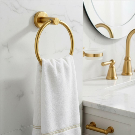 Suport metalic tip inel pentru prosop, inox cu finisaj lucios, diametru 17 cm, accesorii montaj incluse, auriu [10]