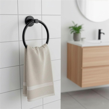 Suport metalic tip inel pentru prosop, inox cu finisaj mat, diametru 17 cm, accesorii montaj incluse, negru [7]