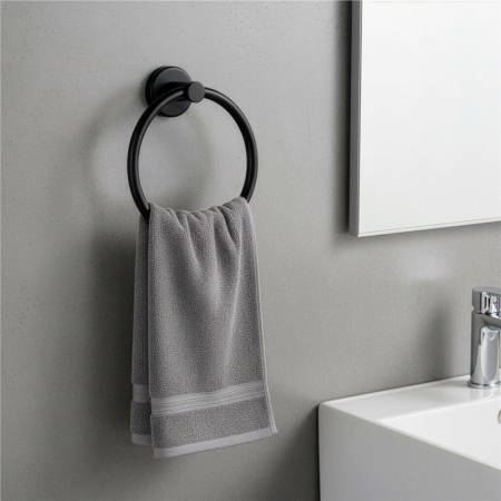 Suport metalic tip inel pentru prosop, inox cu finisaj mat, diametru 17 cm, accesorii montaj incluse, negru [9]