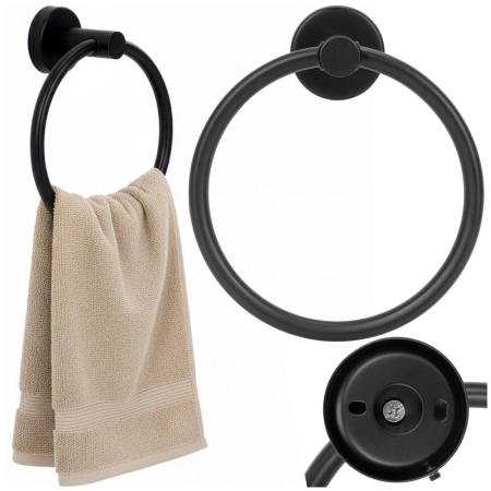 Suport metalic tip inel pentru prosop, inox cu finisaj mat, diametru 17 cm, accesorii montaj incluse, negru [3]