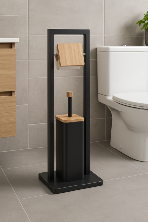 Suport WC cu perie 5Five Natureo, cu suport hartie igienica, metal si bambus, 20x20x80 cm, negru [1]